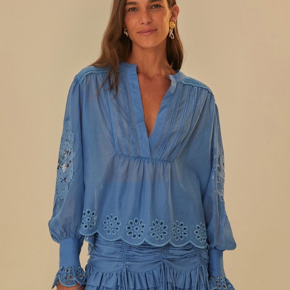 Farm Rio Blue Long Sleeve Organic Cotton Blouse